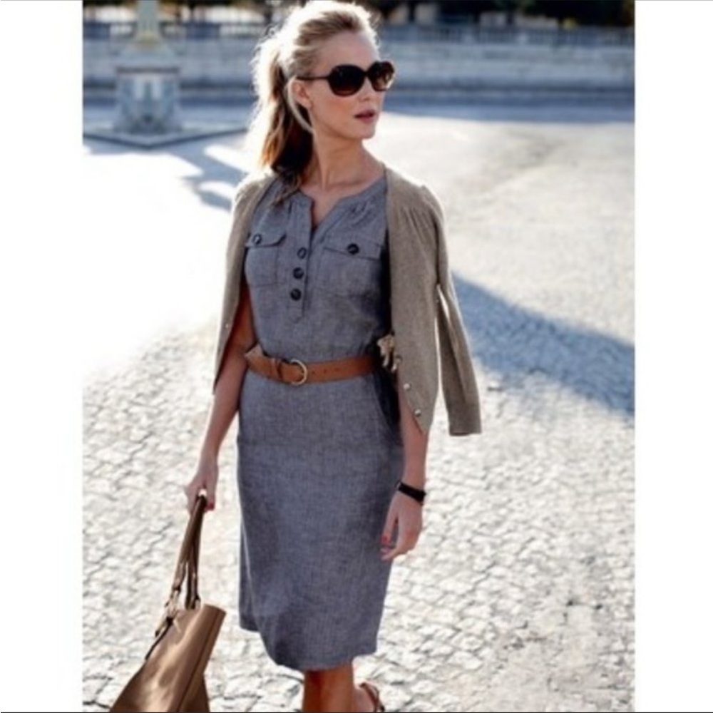 BODEN linen weekender herringbone dress size 10 long blue lagenlook minimalist